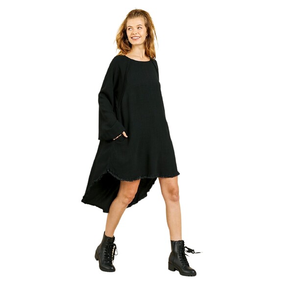 Umgee boho black linen long sleeve high low hem dress size small - Picture 4 of 11